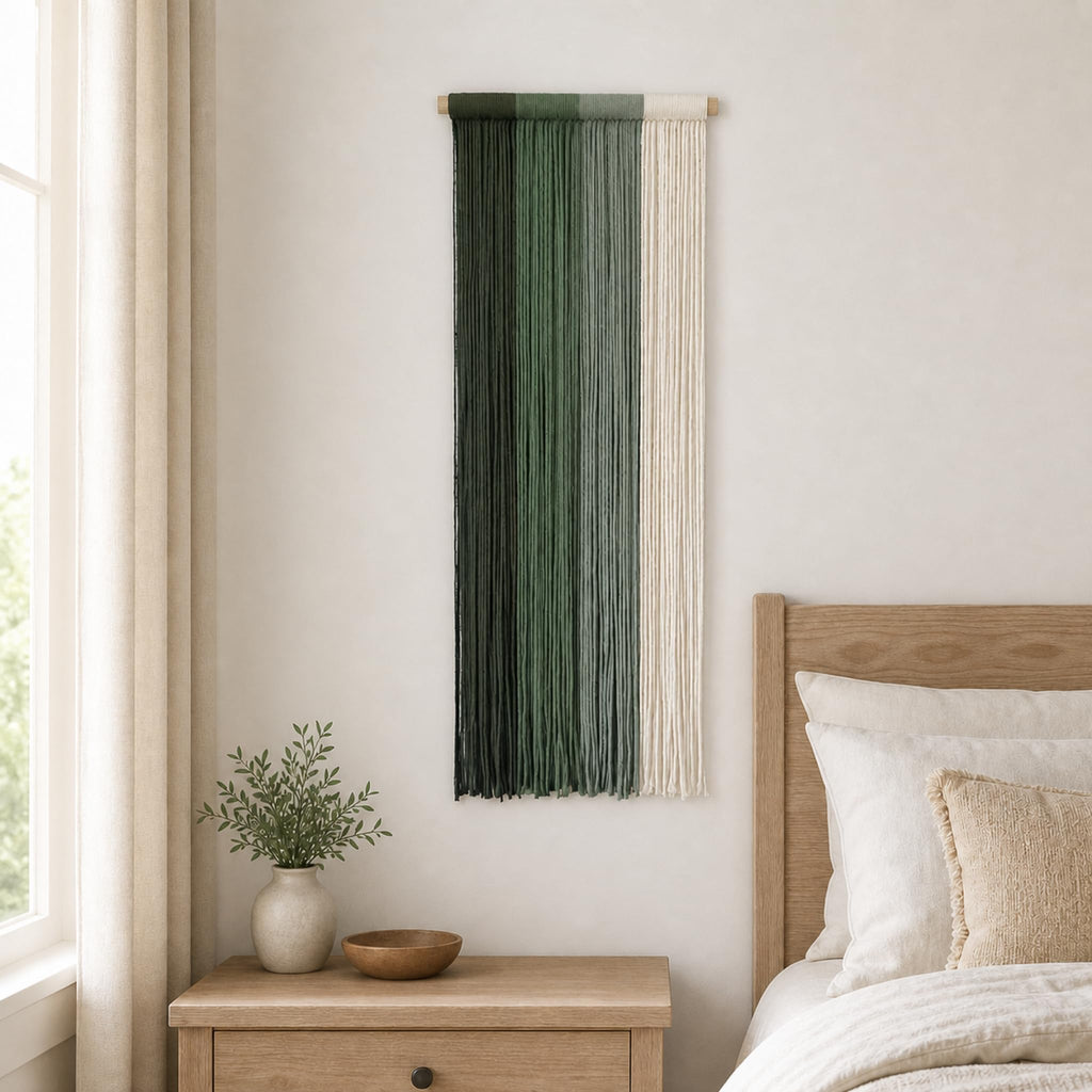 Boho Macrame Wall Hanging, Hand-Dyed Cotton, Green, 15.75 x 40 in