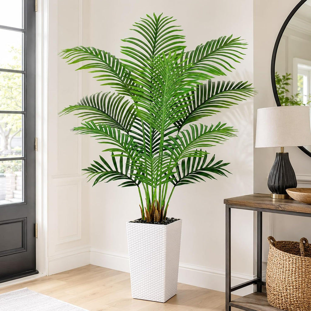 5FT Tall Artificial Palm Trees White Planter,Fake Silk Tropical Tree with 9 Lush Leaves,Realistic Faux Floor Plant