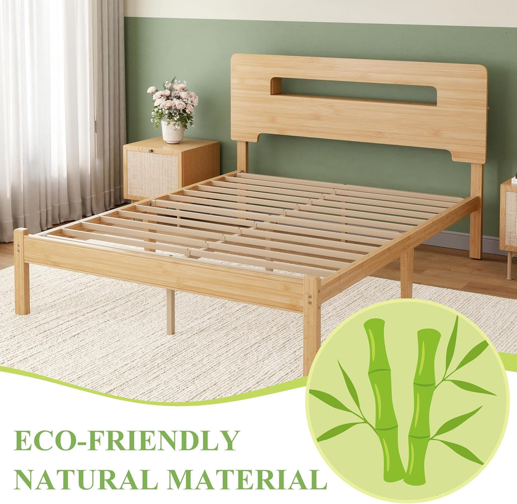 Solid Bamboo Wood Queen Bed Frame with Storage Headboard, 14 inch Platform Bed Frame Queen No Box Spring Needed with