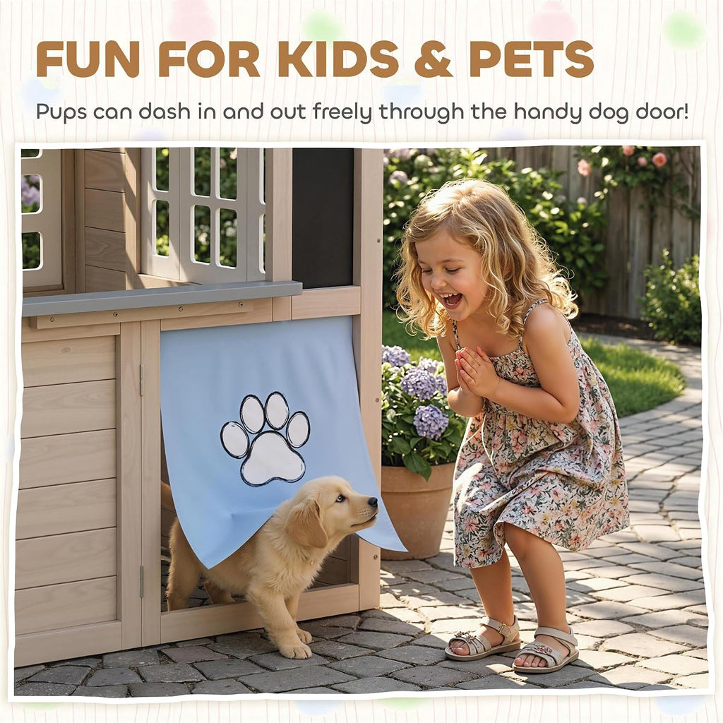 Kids Outdoor Playhouse Wooden Kids Cottage with Dog Door Ages 2+ Gray | Cookware, Planter Box, Bell, Blackboard