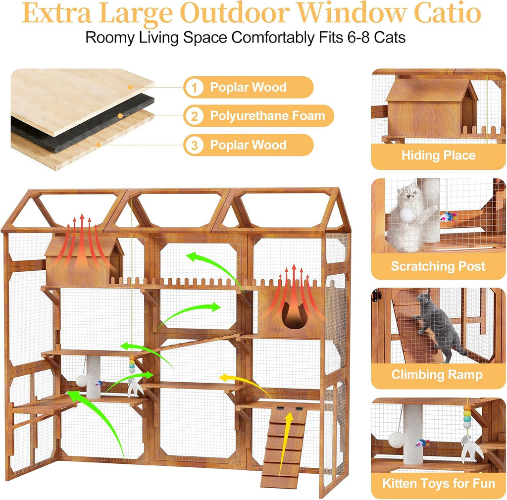 Large Wooden Catio Outdoor Cat Enclosure with Stands and Roof Multi-Platform Cat House with Scratching Posts