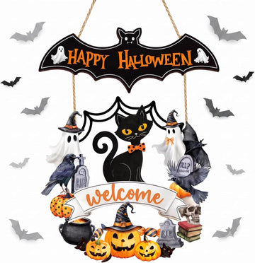 Halloween Decoration: Ghost Wood Door Sign, Spooky Wreath