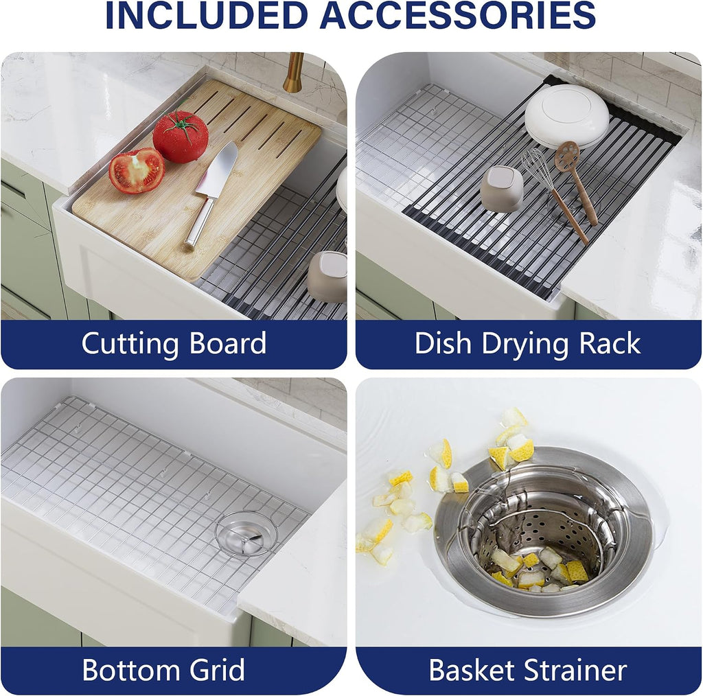 White Farmhouse Workstation Sink 30 Inch | Reversible Deep Single Bowl Apron Front Kitchen Sink, Undermount Farm Sink