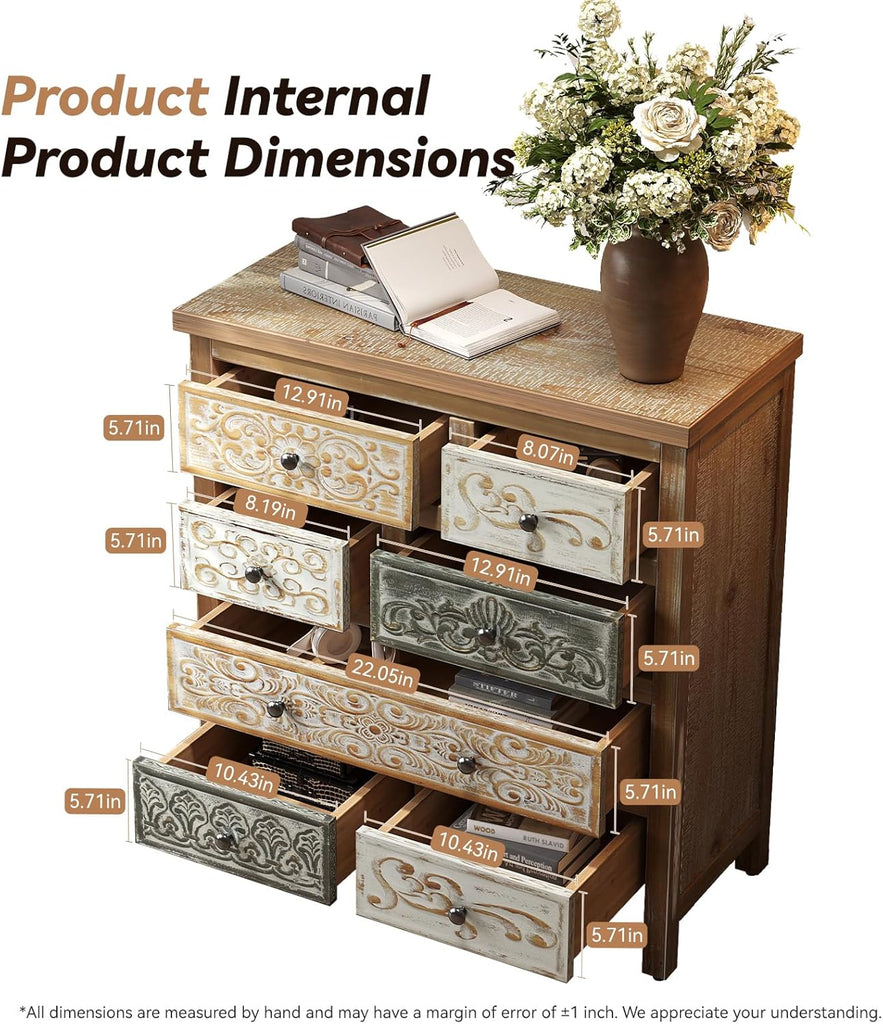 26" Vintage Freestanding Storage Chest, Accent Cabinets with Carved Details, Utility Organizer with Multi Drawers
