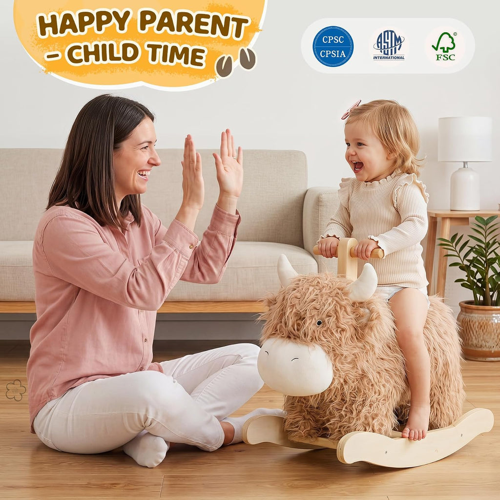 Baby Rocking Horse for 1 Year Old,Wooden Cow Animal Rocker Ride-on Toy Plush Wooden Rocking Toy Playroom Indoor