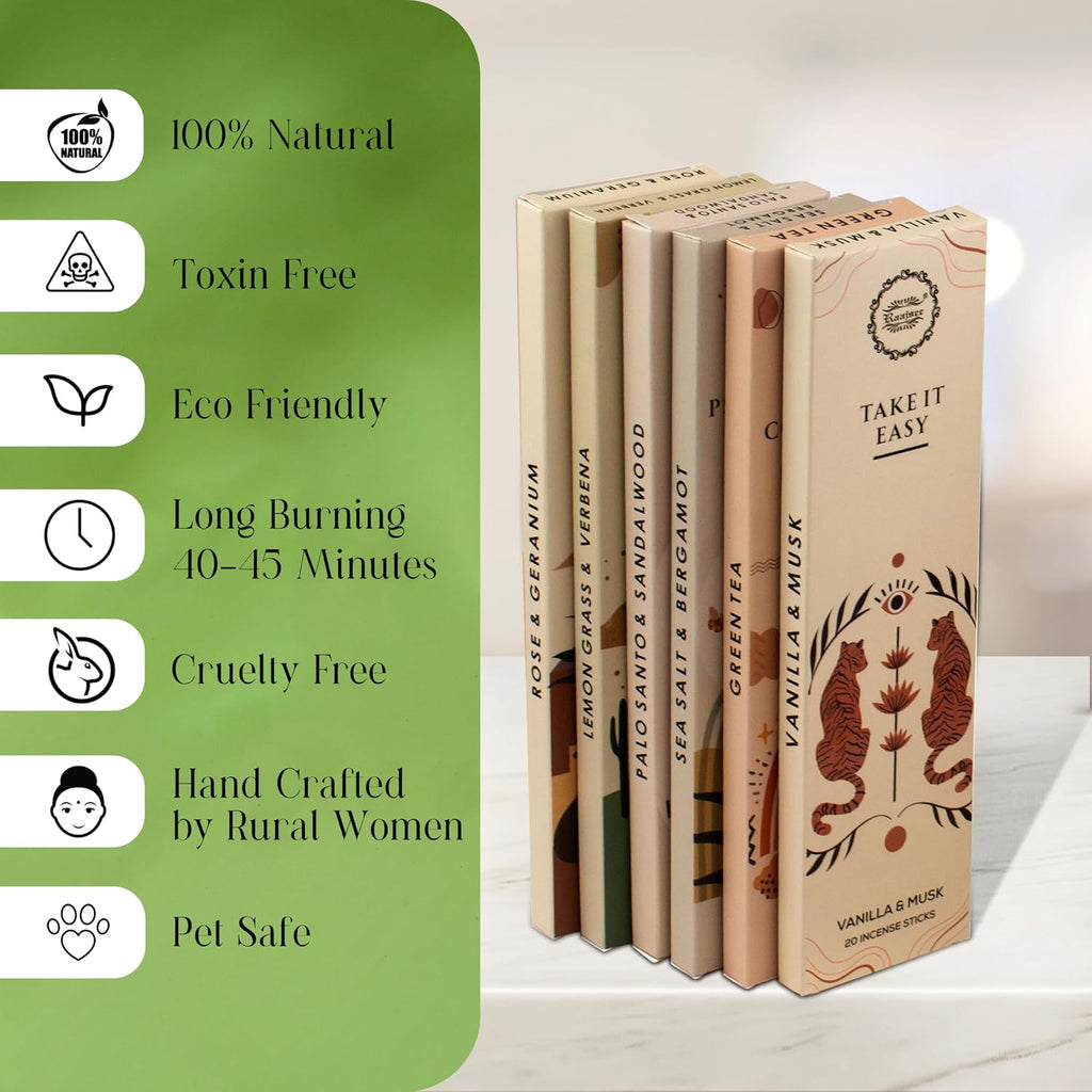 Incense Sticks Organic Non Toxic Natural Inscents with Insence Holder -120 Sticks, Clean Burn, Boho Gift - Set of 6