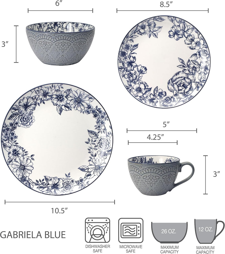 Gabriela Blue 16-Piece Dinnerware Set, Service for 4, Durable Stoneware Plates, Bowls