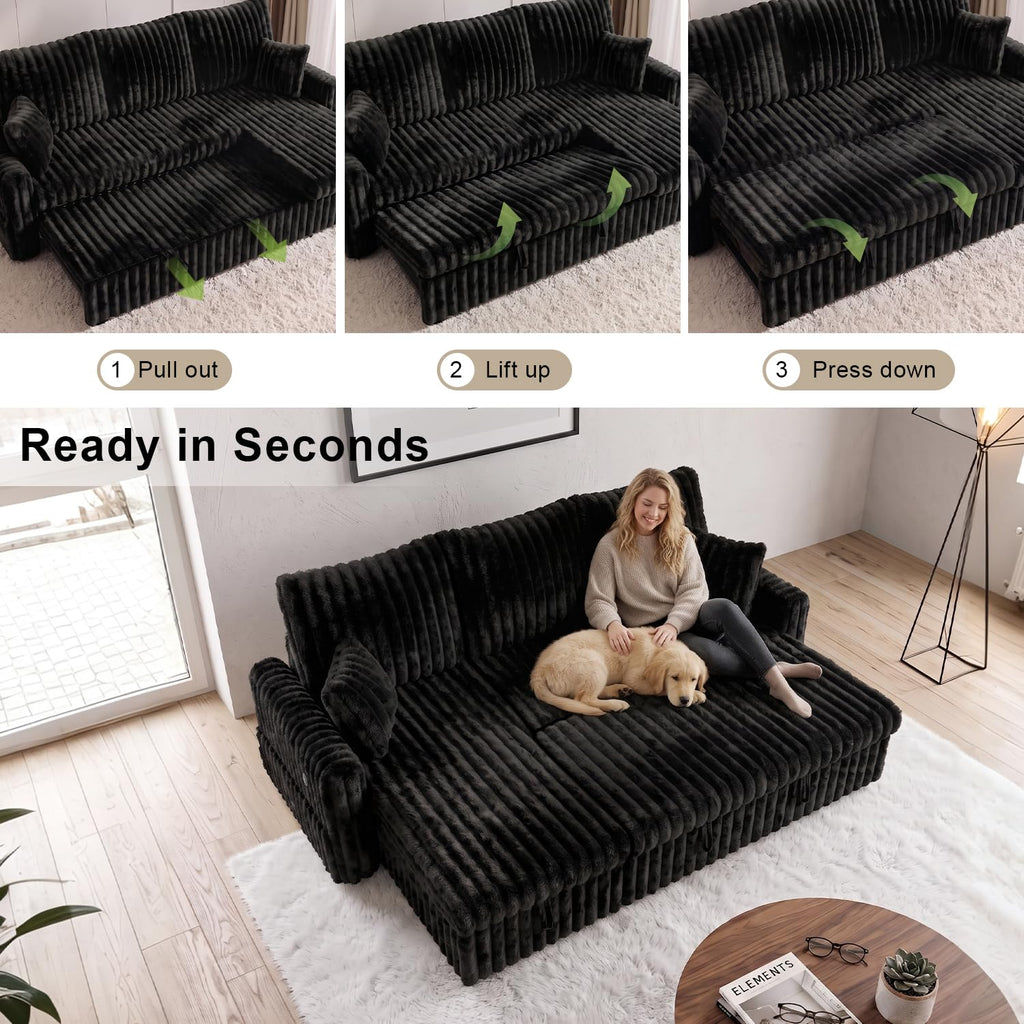 81" Sectional Sleeper Sofa Bed with Storage Chaise & USB Charging, Plush Corduroy L-Shaped Pull Out Couch Bed