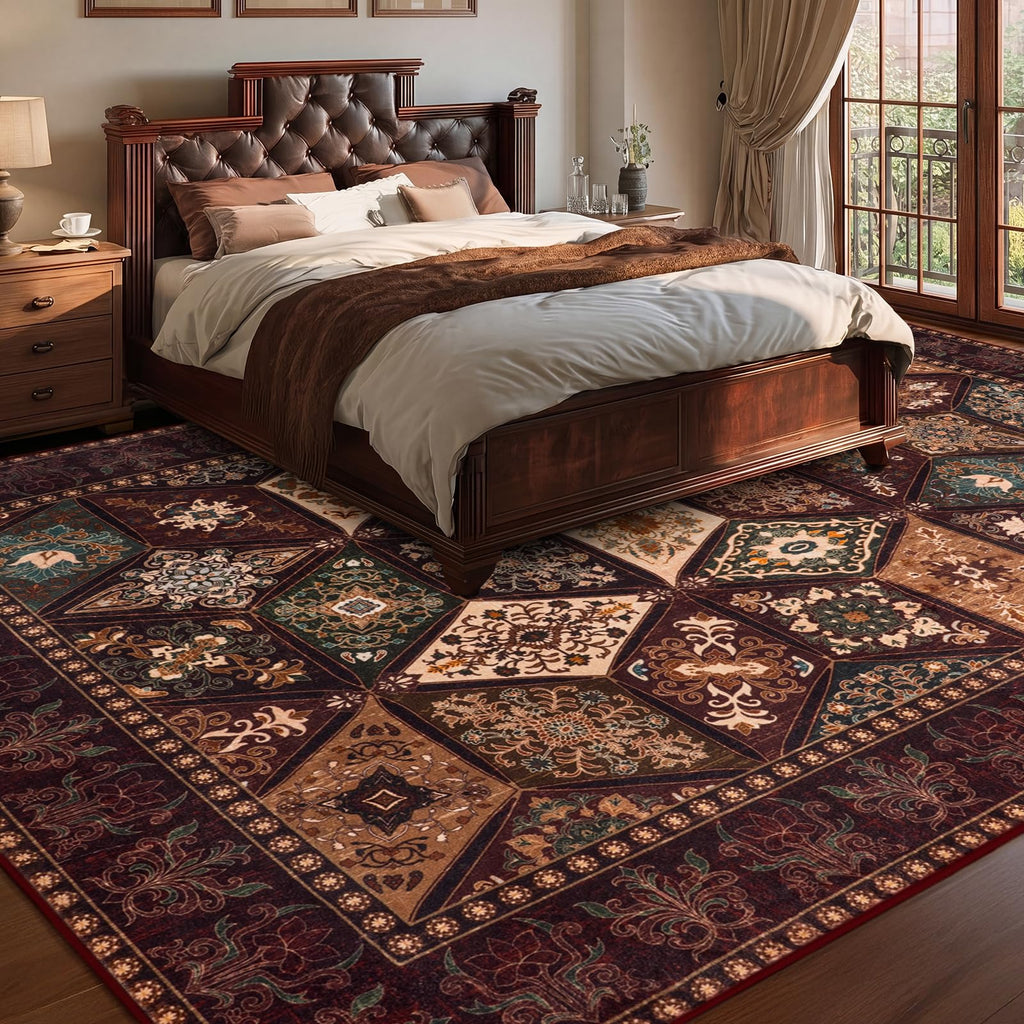 Vintage Rug, Washable Distressed Patchwork Rug, Brown