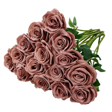 15pcs Dusty Rose Artificial Flowers Roses Fake Silk Flowers Faux Long Stem Artificial Roses for Wedding Party Bridal
