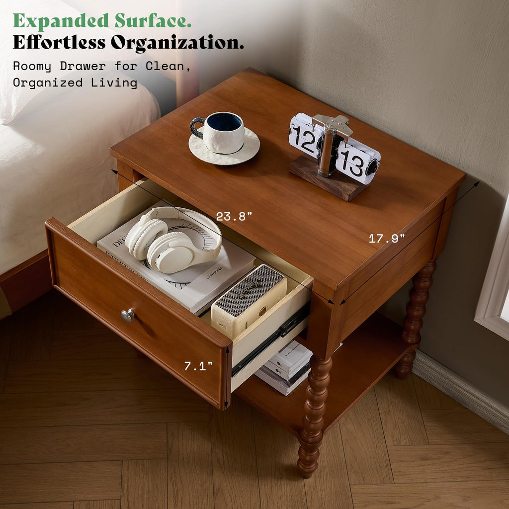 Walnut Nightstand Set of 2, Solid Wood Bedside Table, Brown 24"