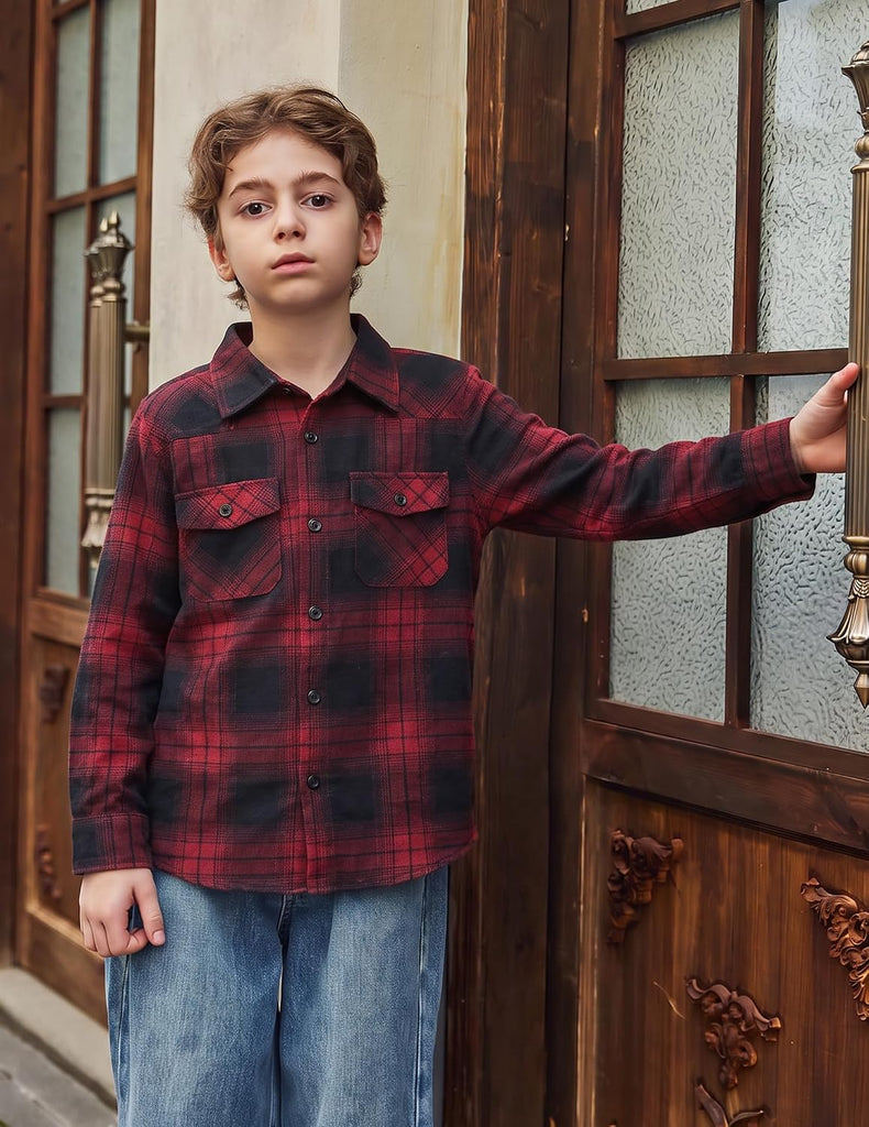 Boys Flannel Plaid Shirt Long Sleeve Button Down Casual Shirts