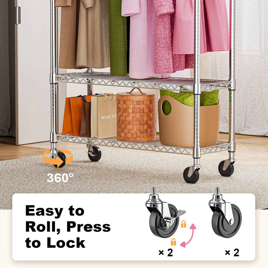 Heavy Duty Rolling Garment Rack 3 Tiers Adjustable Wire Shelving Clothes Rack with 1 Rods and Side Hooks,Storage