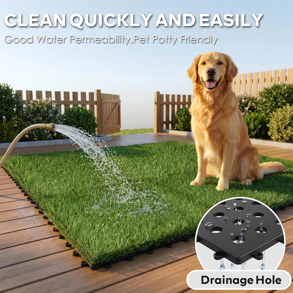 Outdoor Artificial Grass Tiles Interlocking Turf Squares 9 Pack, 12"x12" Fake Grass Mat for Balcony Patio Deck Flooring