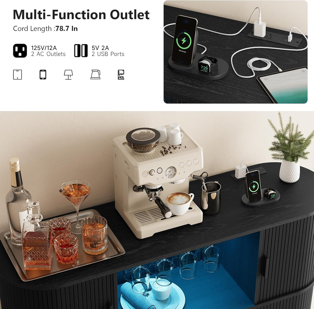55" Fluted Wine Bar Cabinet with Power Outlet Black | Large Coffee Bar, Liquor Whiskey Cabinet, Home Bar, with LED