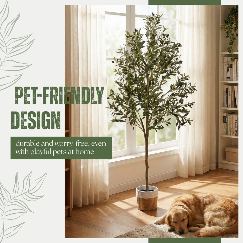 Artificial Olive Tree, 6ft Faux Tree with Woven Basket Decor