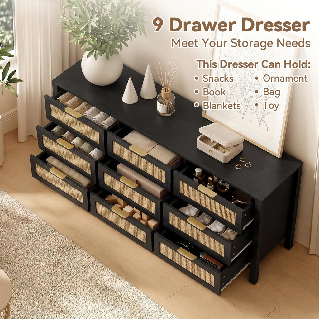 9 Drawer Dressers, Rattan Dresser with Drawers, Modern Wood Dresser with Metal Handles, Chest of Drawers (Black-9