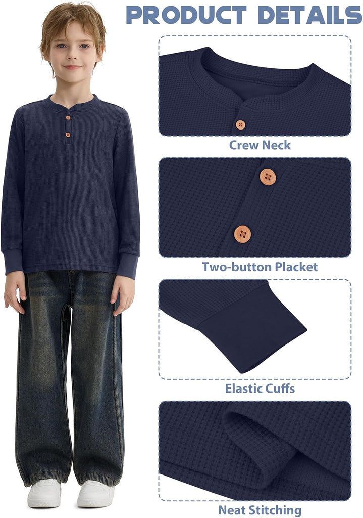 4 Pack Toddler Boys Henley Long Sleeve Shirts Boys Waffle Thermal Shirt Henley Long Sleeve Shirts for Boys