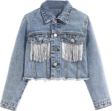 Girl's Fringe Denim Cropped Jackets Raw Trim Jean Jacket