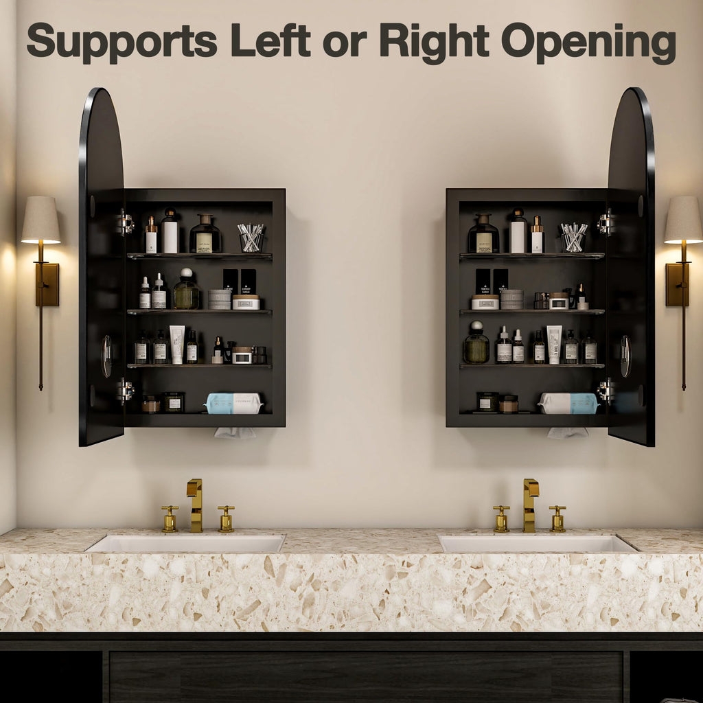 Arched Medicine Cabinet Mirror No Assembly Bathroom Mirror with Storage Recessed or Surface Mount Options (Black