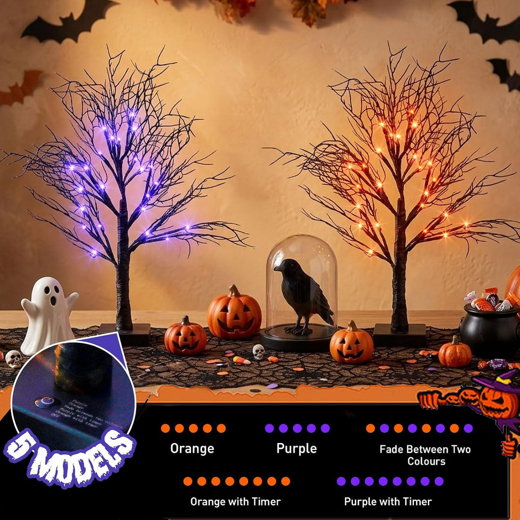 Halloween Tree, Black Tree with Orange Purple Bi-Color Led Lights 6 Functions, USB & Battery Operated Lighted - Set of 2