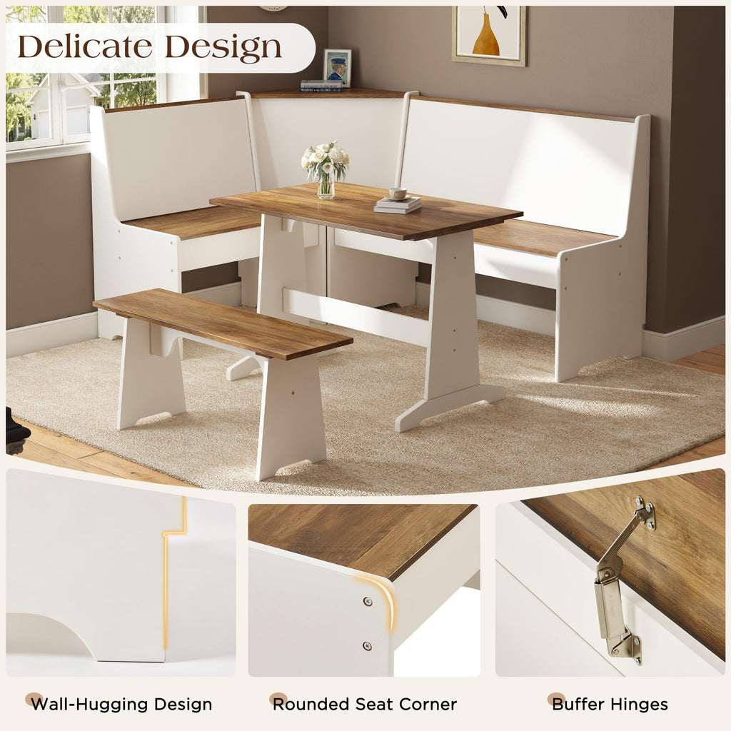 3-Piece Corner Dining Set with Hidden Storage, White & Barnwood