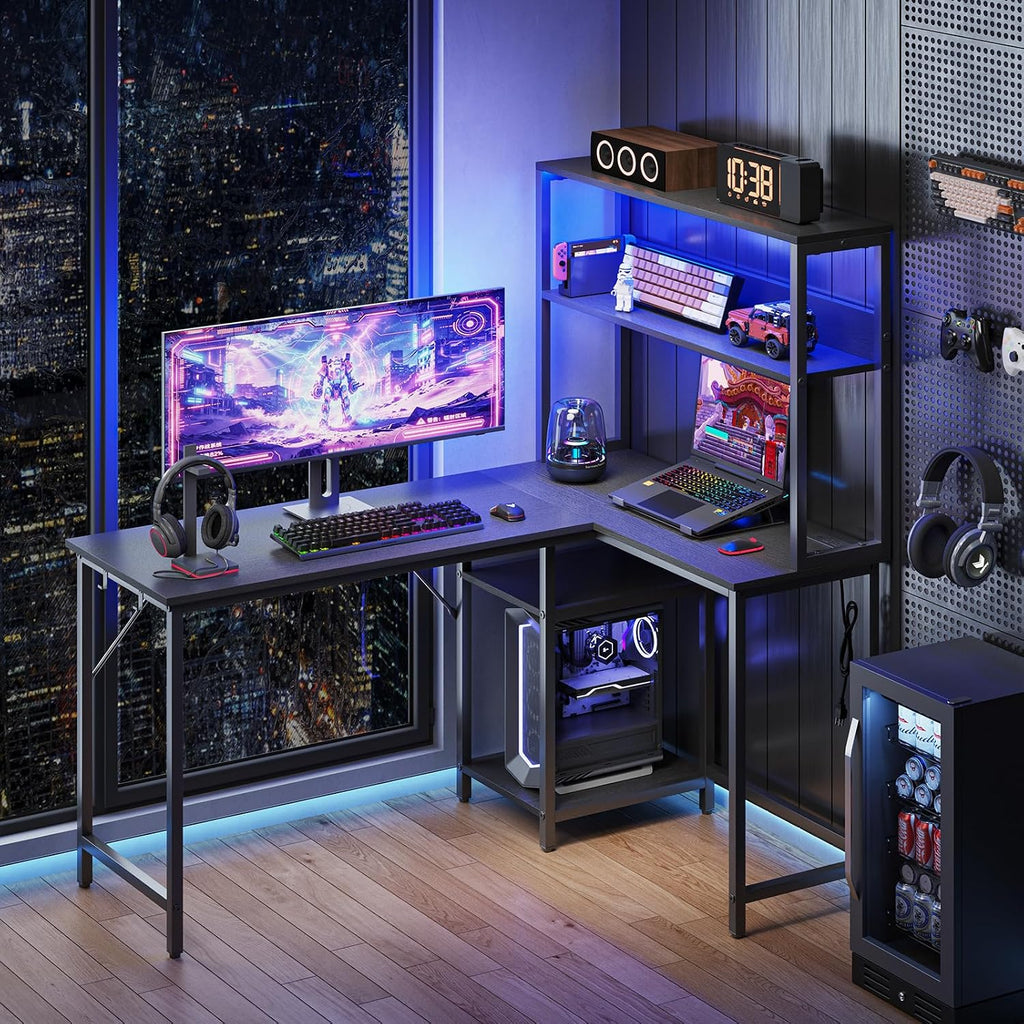 53" L Shaped Gaming Desk Reversible Corner Desk | Computer Desk with Power Outlet, Writing Table with LED Lights