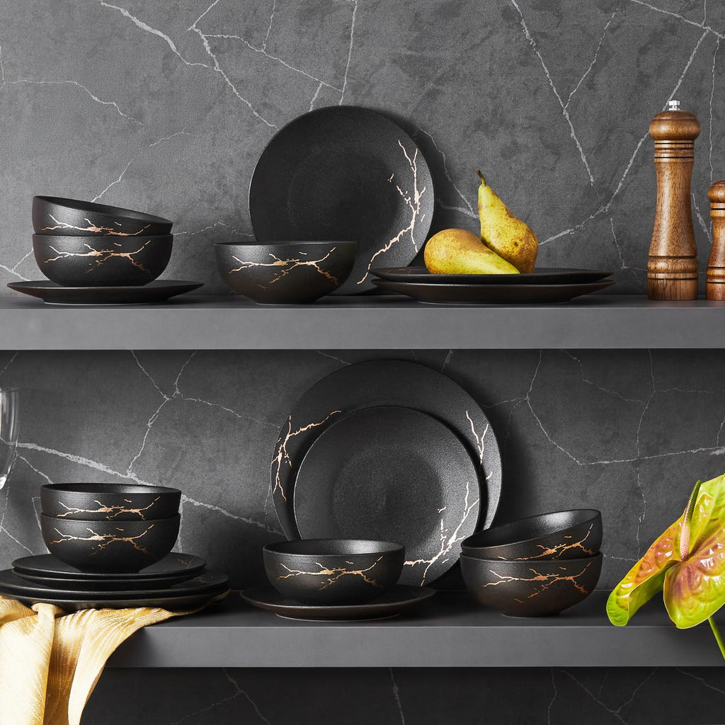 12-Piece Matte Crackle Dinnerware Set, Black and Gold