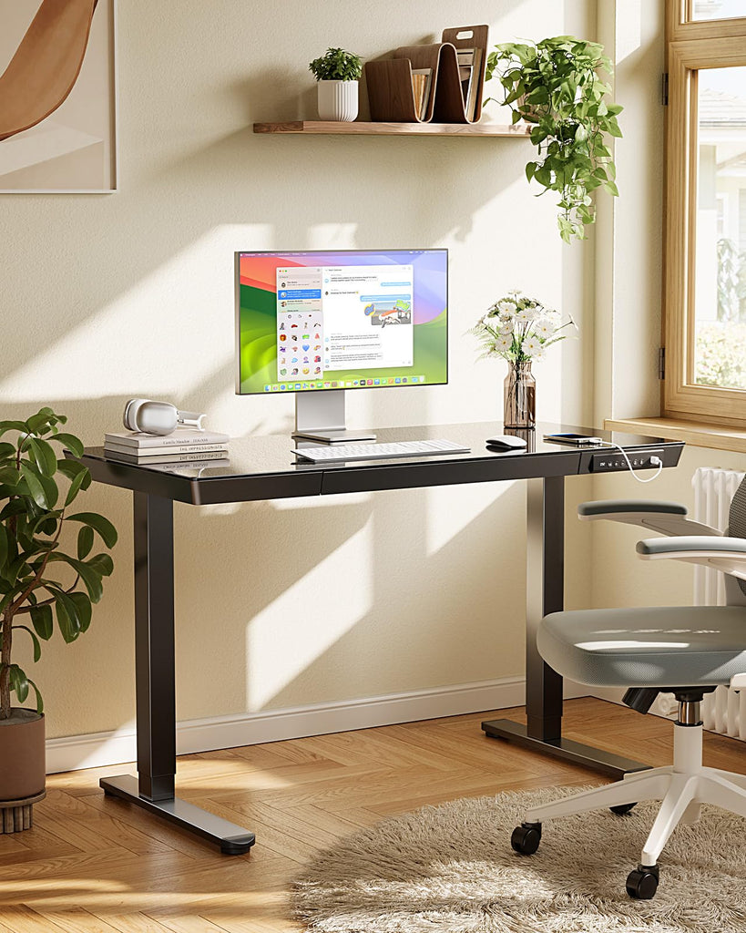 Glass Standing Desk with Drawer, 55 x 28 inch Electric Standing Desk, Sit Stand Desk with One-Piece Tabletop & USB
