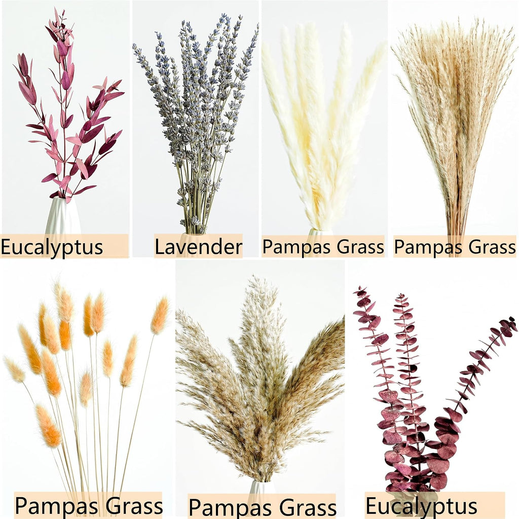Fall Dried Flower Bouquet with Pampas Grass, Orange Bunny Tails, Lavender & Red Eucalyptus -Boho Fall Decor, Vase