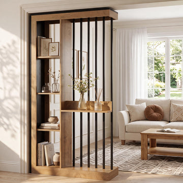 Wall Room Divider with Shelves, 71" Freestanding Wood Partition