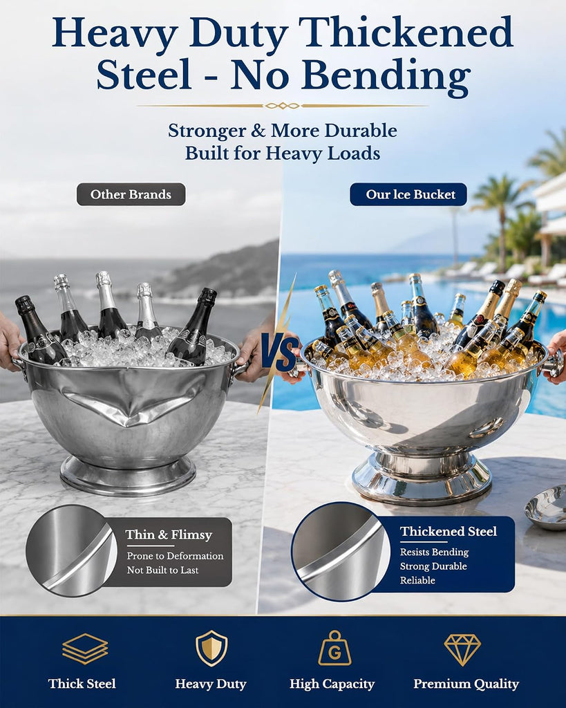 Large Stainless Steel Ice Bucket Beverage Tub for Parties, Beer Wine Cooler