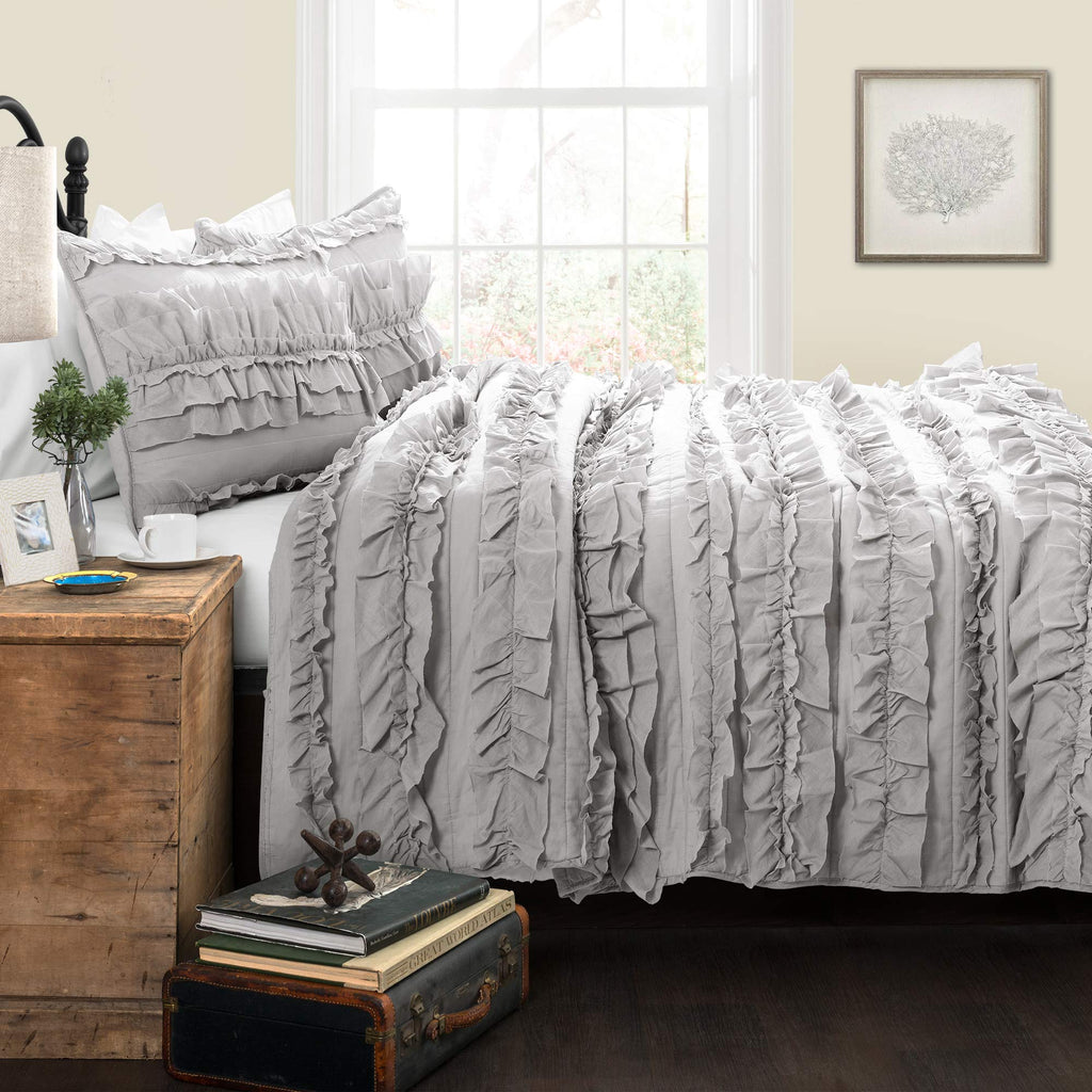Belle Quilt 3 Piece Set Light Grey - Ruffle Bedding Set - Cute Quilt - Coquette Decor