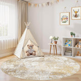 Washable 8' Round Area Rug for Living Room: Modern Abstract Neutral Large So' Thin Rugs - Non Slip I
