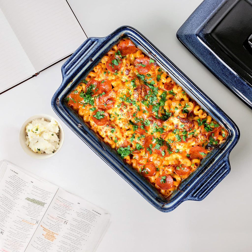 Casserole Baking Dish with Lid - Ceramic Blue Lasagna Pan 3.2 Quart, Large Covered Bakeware Set 9x13 for Cooking
