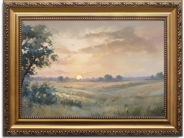 Vintage Framed Wall Art, Landscape Oil Painting Farmhouse Wall Decor with Muted Autumn Sunset, Retro French Country