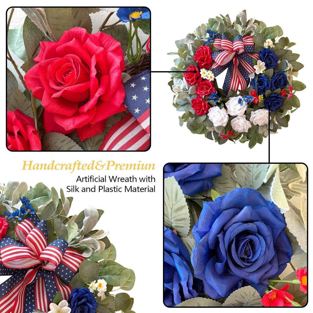 24 Inch Patriotic Wreath, Rose 4th of July Wreaths for Front Door