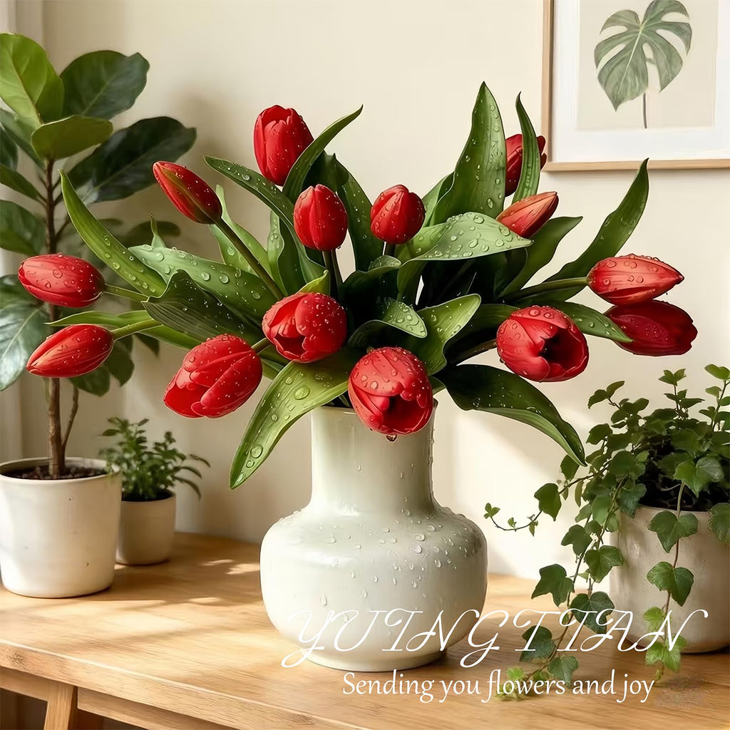 14 Pcs Real Touch Tulips Artificial Flowers Latex Stems Red