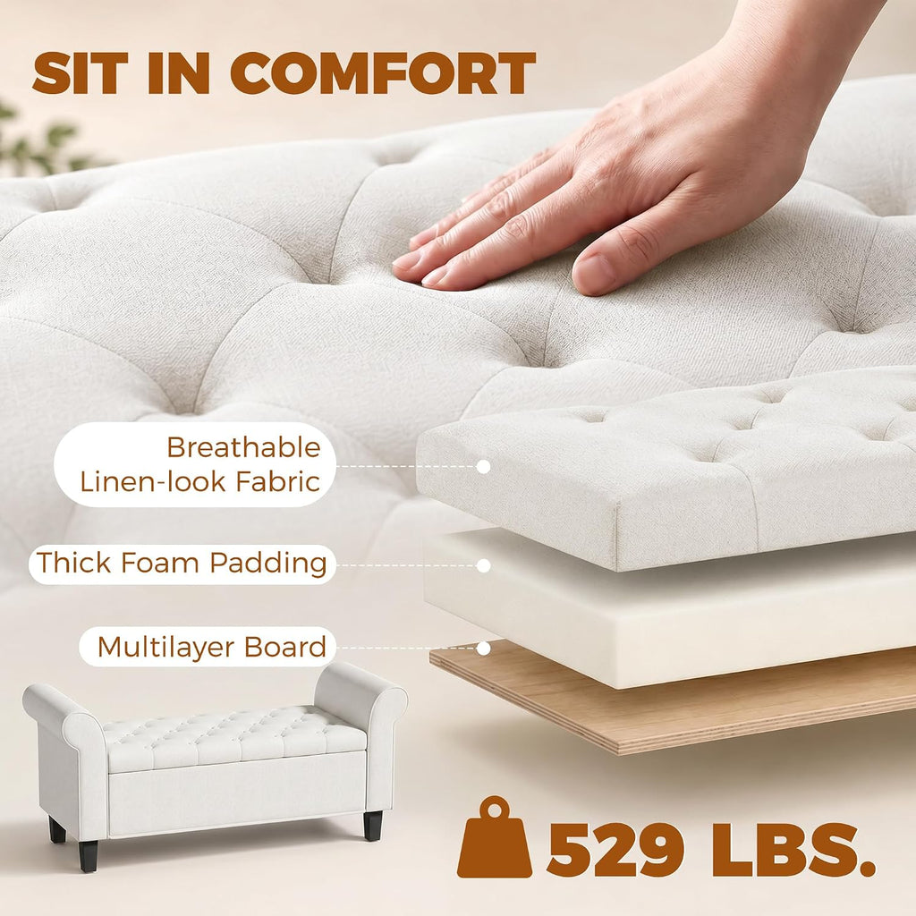 47" Storage Ottoman End of Bed Bench with Rolled Arms Cream White | Long Ottoman with Storage Chest, Safety Hinge