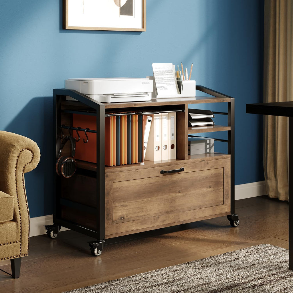33 Inch Filing Cabinet ,Rustic Oak File Cabinet | Mobile Rolling Printer Stand with Storage Shelf with Drawer for