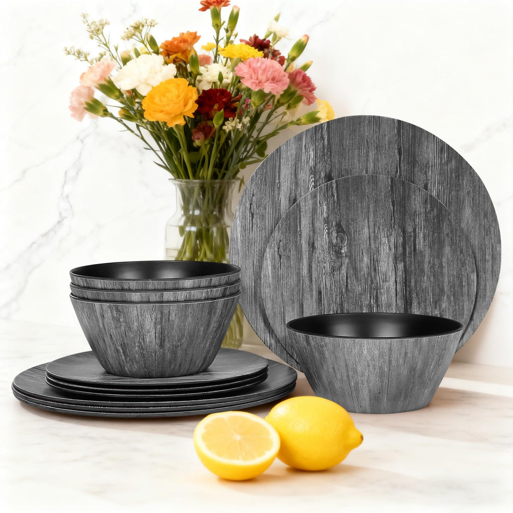 Melamine Dinnerware Set - Rustic 12 Piece Plates and Bowls, Heavy Duty Dishes for Indoor Outdoor Use