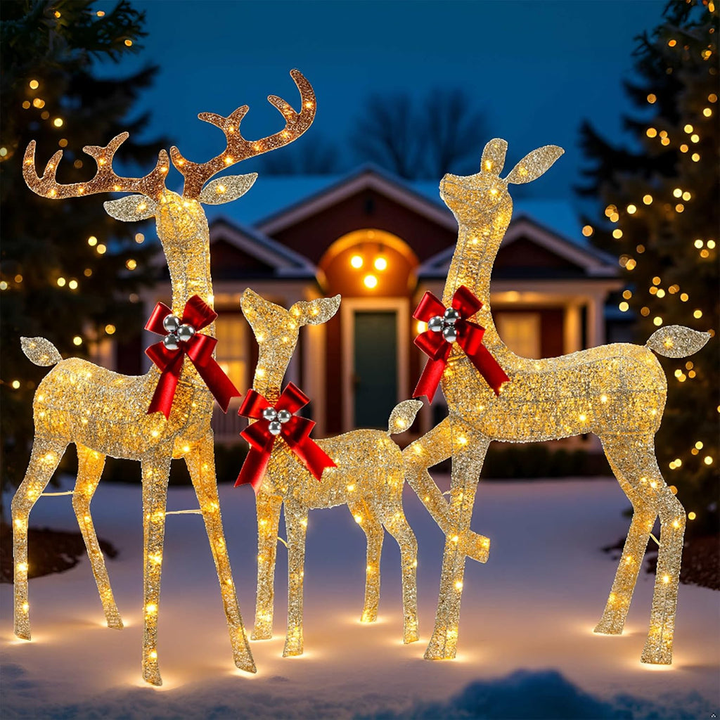 3D Christmas Reindeer Family, 3-Piece Holiday Pre-lit Glitter Deer