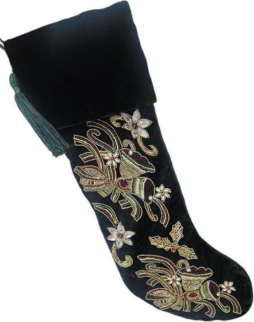 Luxury Velvet Christmas Stocking 21" x 7" - Hand Beaded, Embroidered Green Stocking with Tassel for Mantle Décor &