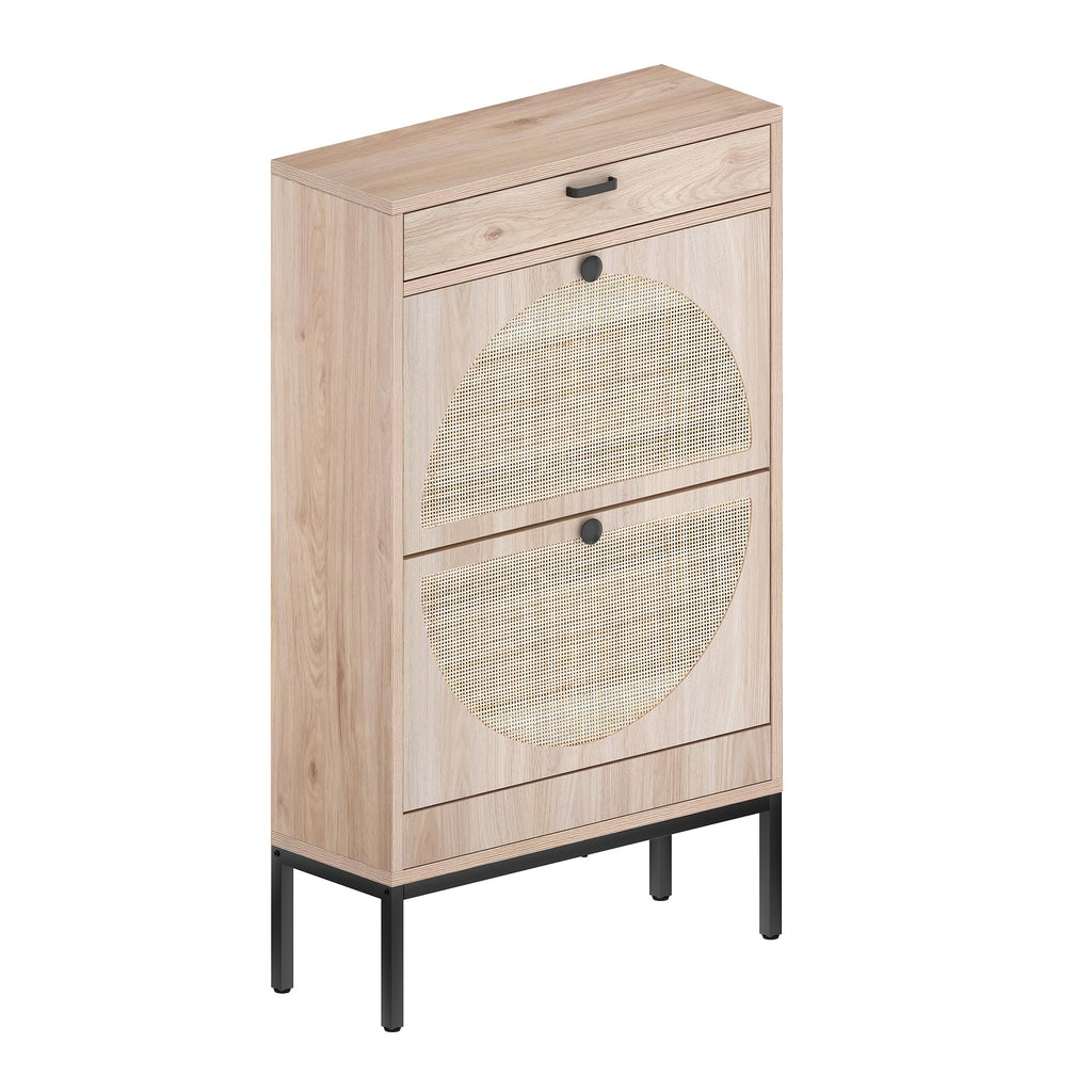 Cabinet With 2 Rattan Curved Pattern Flip Drawers, Freestanding Shoe Storage Organizer Rack With Adjustable Shelf