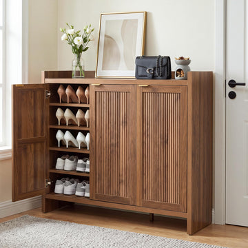 Fluted Walnut Shoe Cabinet with 3 Doors, 5-Tier Storage