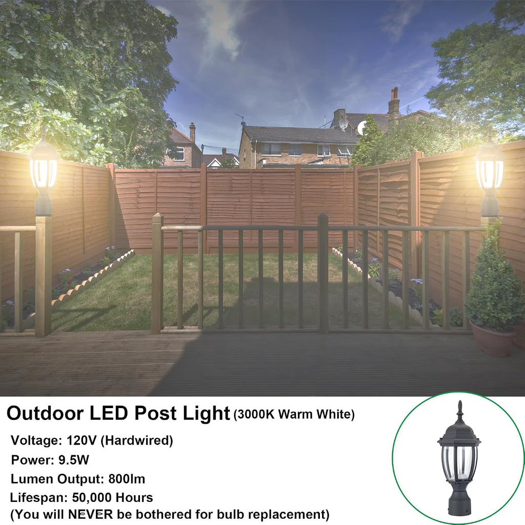 LED Outdoor Post Light, 15.6'' Aluminum Waterproof Pole Lantern, 3000K Warm White, 9.5W 800LM