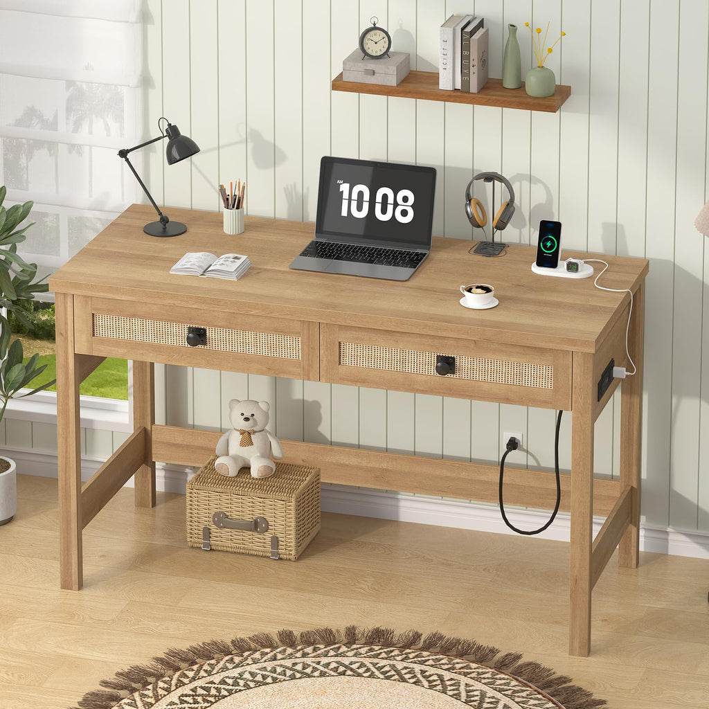 47 Inch Small Rattan Computer Desk with Drawers