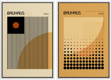 Framed Canvas Print Wall Art Set Bauhaus Gold Mid-Century Modern Grid Pattern Abstract Shapes Illustrations Modern