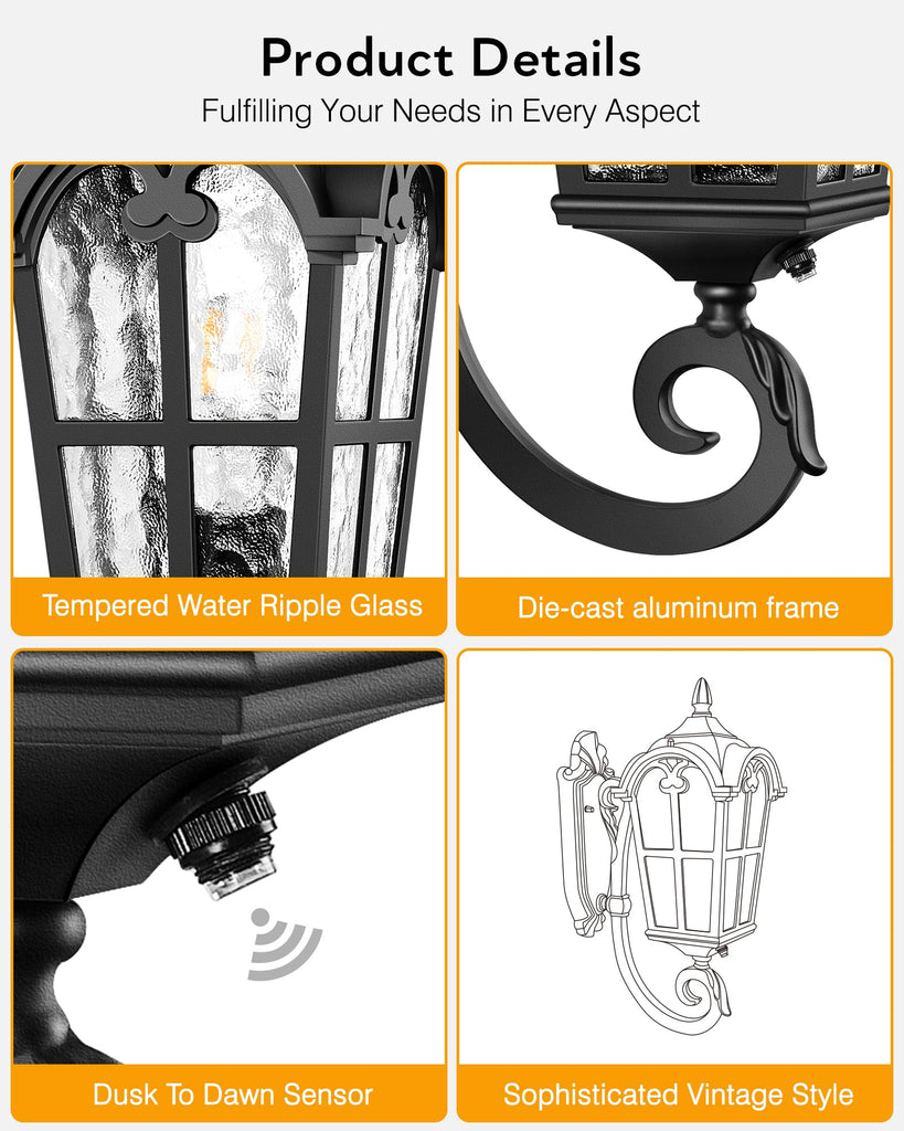 Black Dusk to Dawn Outdoor Lighting, Vintage Outdoor Sconce Lights with Water Ripple Glass, 100% Aluminium Anti-Rust