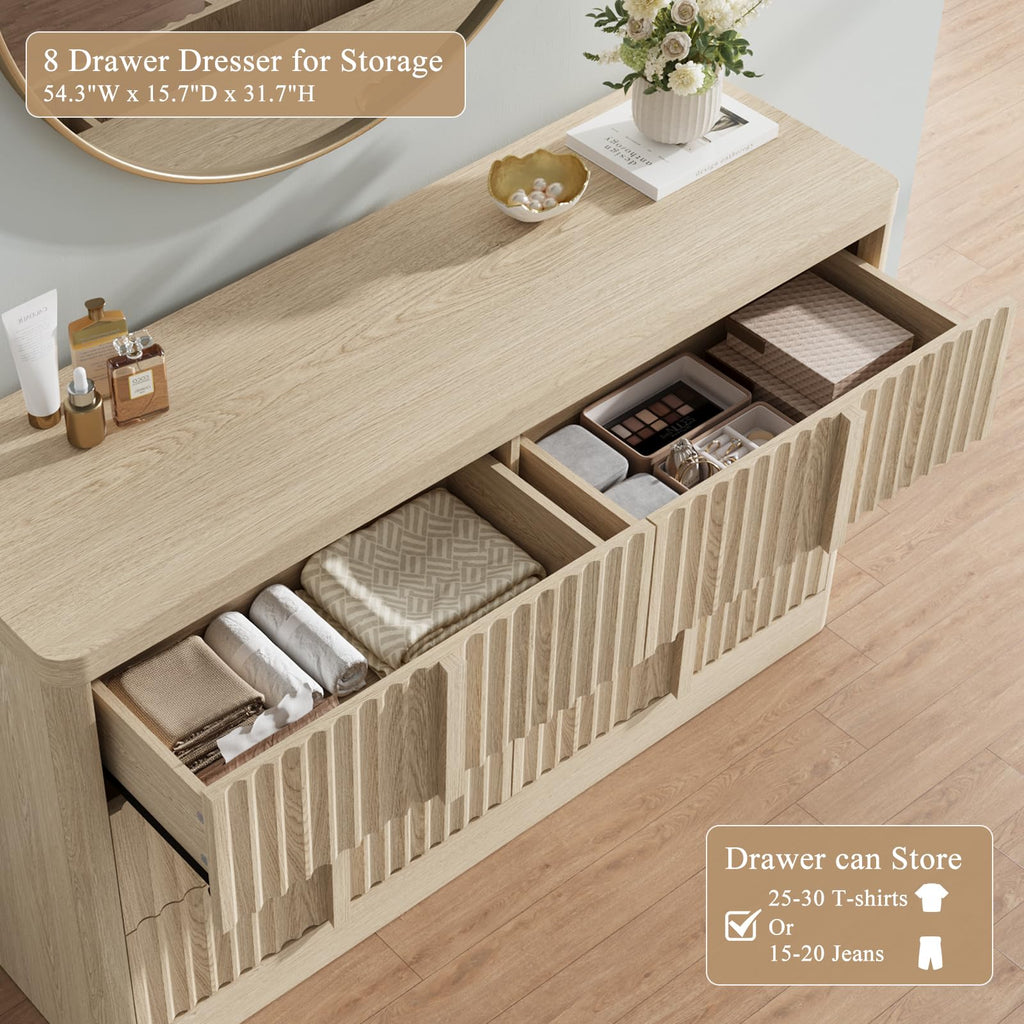 47" Wide Fluted 6 Drawer Dresser, Natural Oak